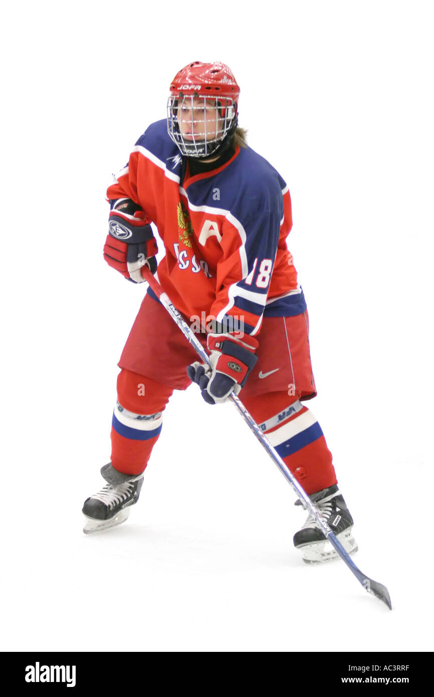Russian ice hockey player Denis Trakhanov on white background in an international tournament for 17 year old teenagers. Stock Photo