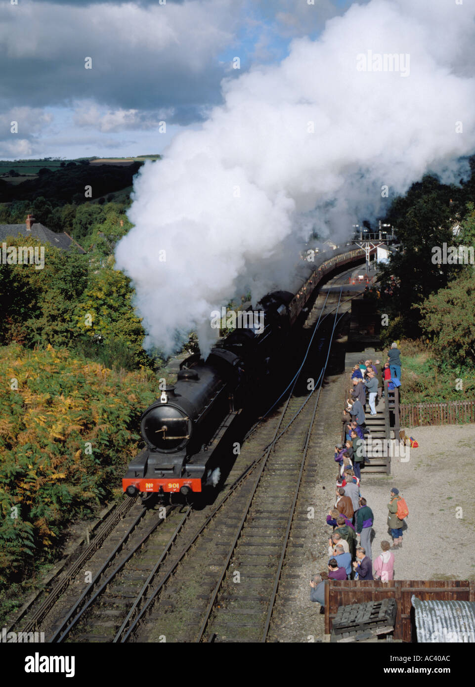 Steam train leaving Grosmont Station, North York Moors Railway, North Yorkshire, England, UK. Stock Photo