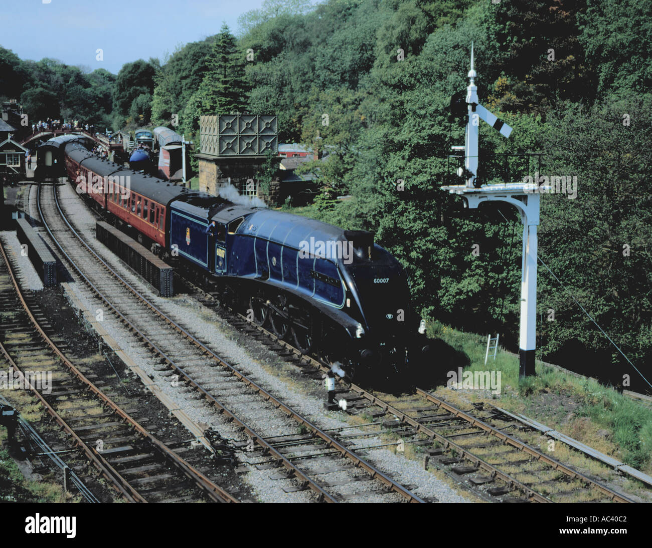 The 'Sir Nigel Gresley' steam locomotive at Goathland Station, North York Moors Railway, North Yorkshire, England, UK. Stock Photo