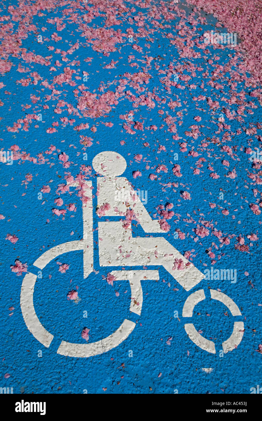 A parking place for disabled people. Emplacement de stationnement réservé aux personnes handicapées. Stock Photo