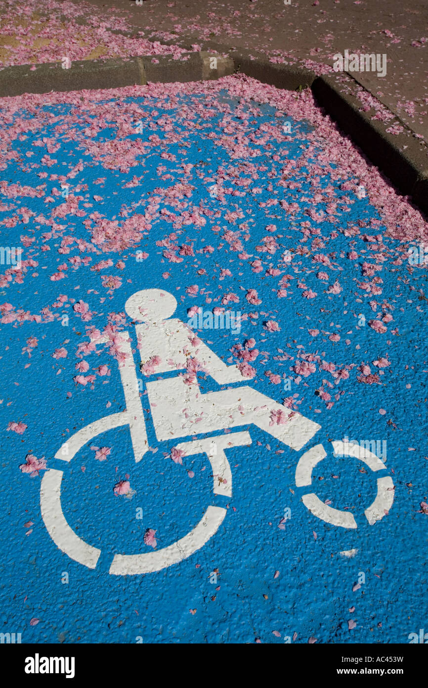 A parking place for disabled people. Emplacement de stationnement réservé aux personnes handicapées. Stock Photo