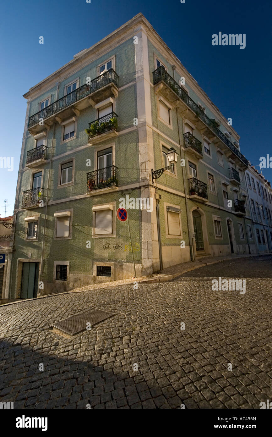 A typical building covered with Azulejos tiles (Lisbon - Portugal). Immeuble typique recouvert d'azulejos (Lisbonne - Portugal) Stock Photo