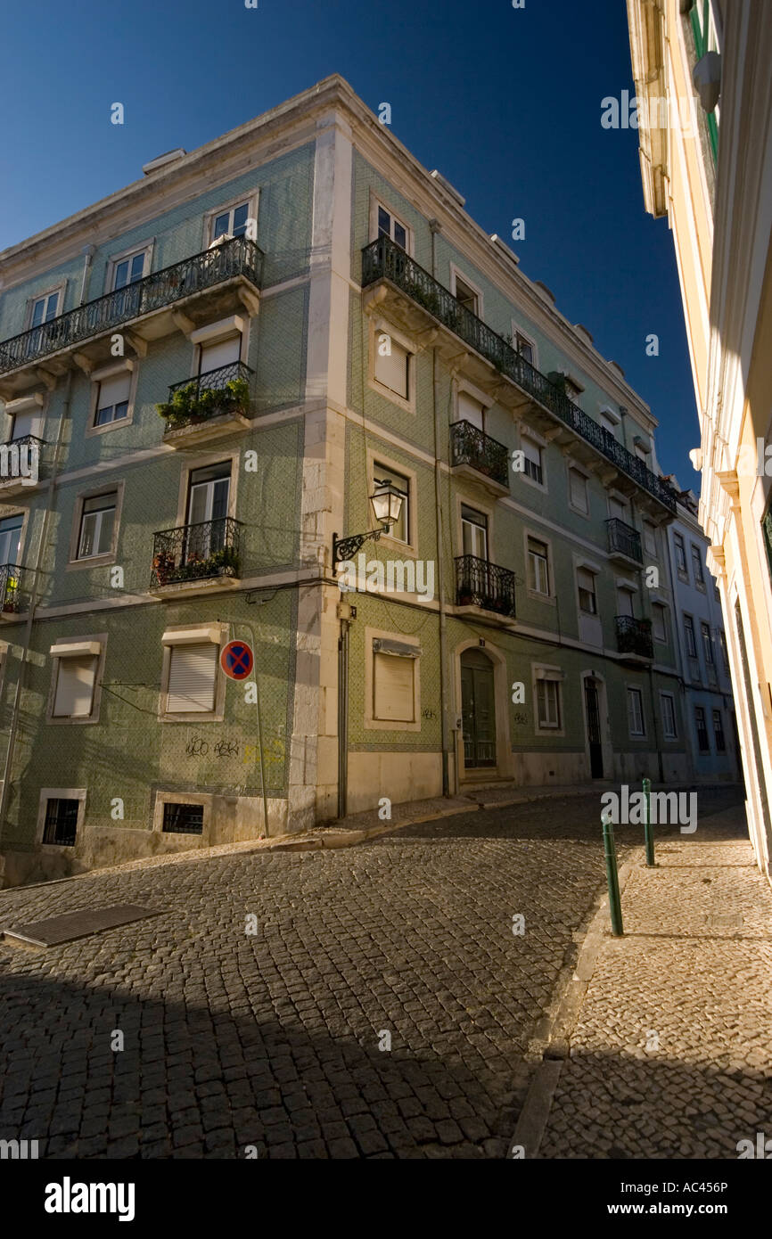 A typical building covered with Azulejos tiles (Lisbon - Portugal). Immeuble typique recouvert d'azulejos (Lisbonne - Portugal) Stock Photo