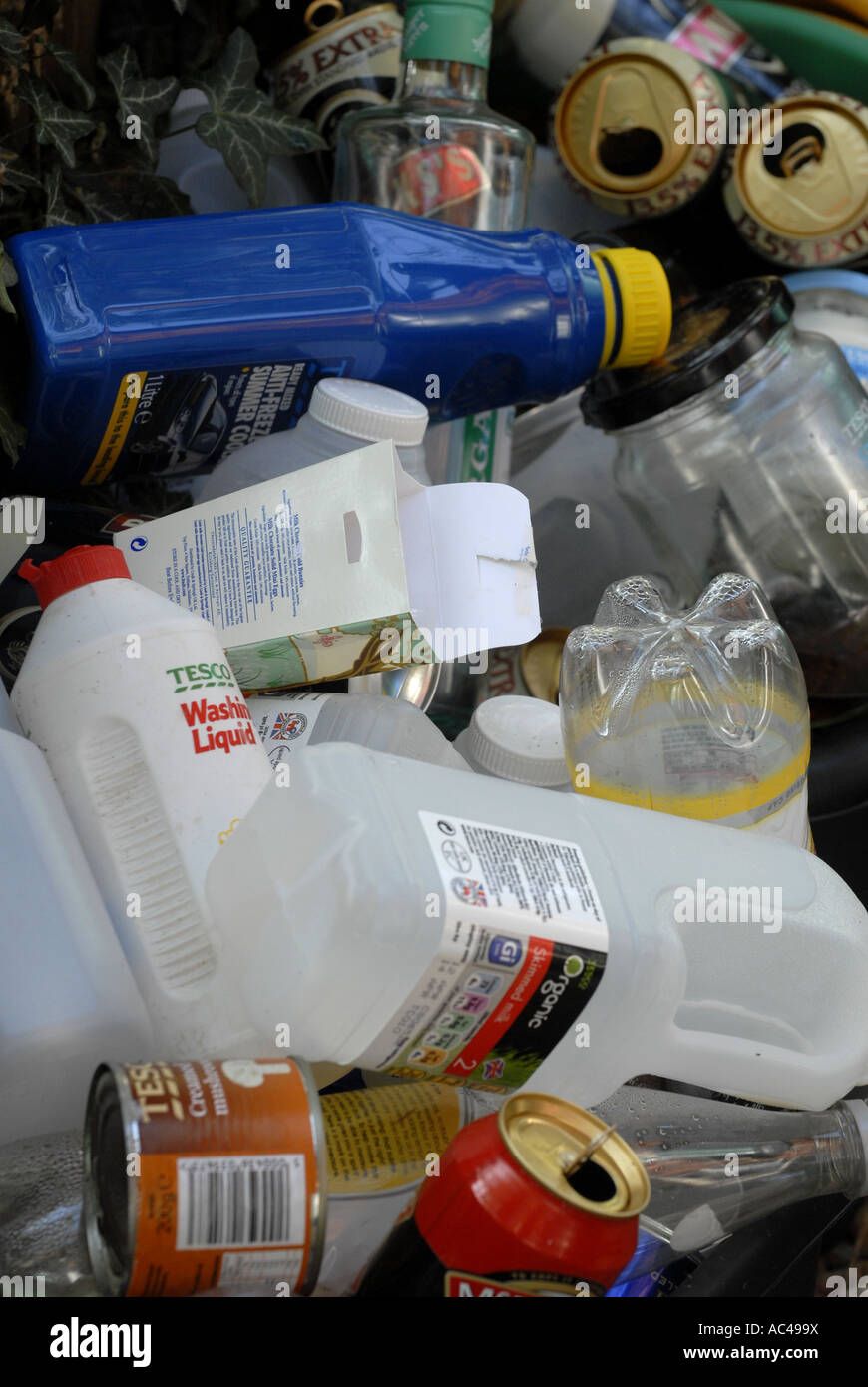 Cans and plastic bottles in a domestic recycling bin, awaiting to go for recycling. Stock Photo