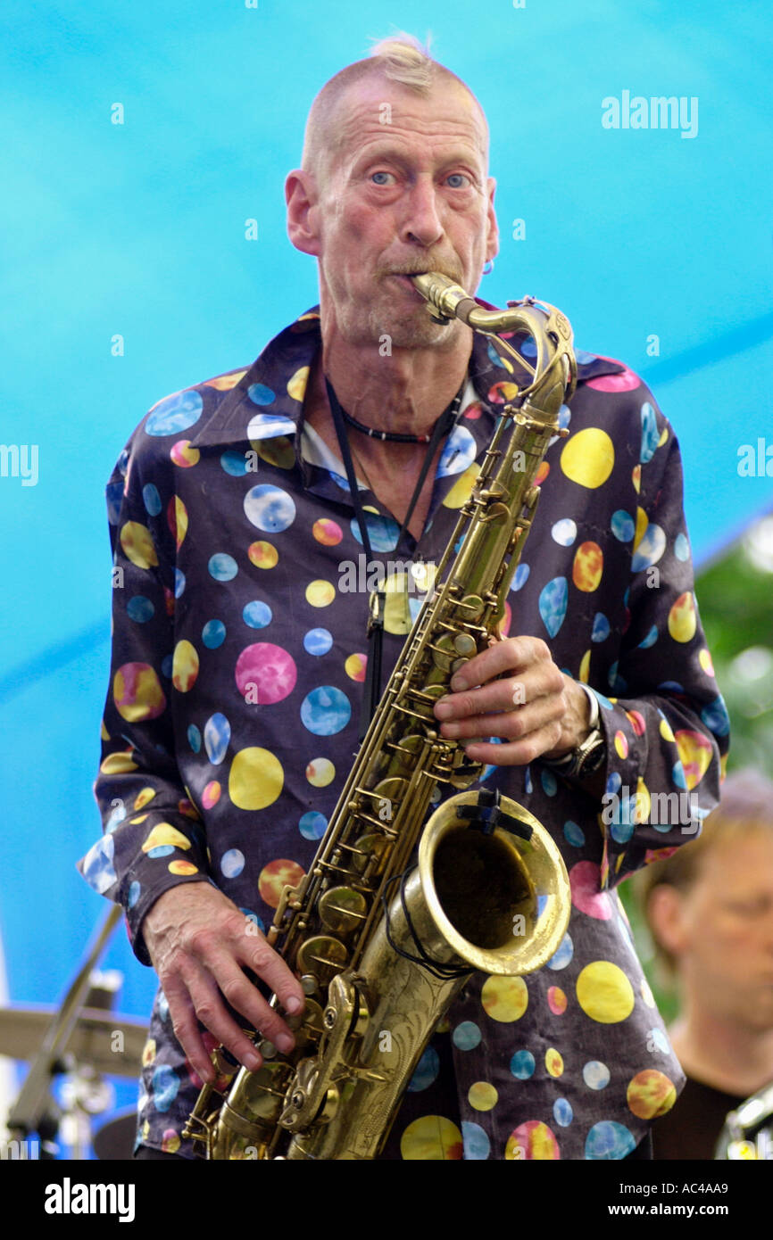 Sax player Nik Turner formerly of Hawkwind performing with his band at the  annual Brecon Jazz Festival Powys Wales UK Stock Photo - Alamy