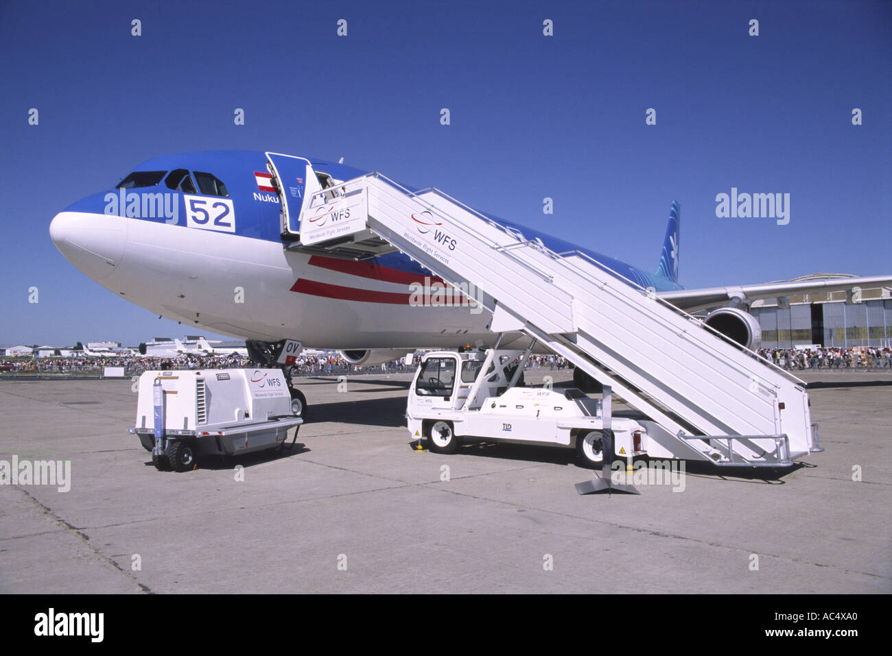 Airbus A340 operated by Air Tahiti Nui, with mobile boarding steps and generator, Le Bourget, Paris, France. Stock Photo
