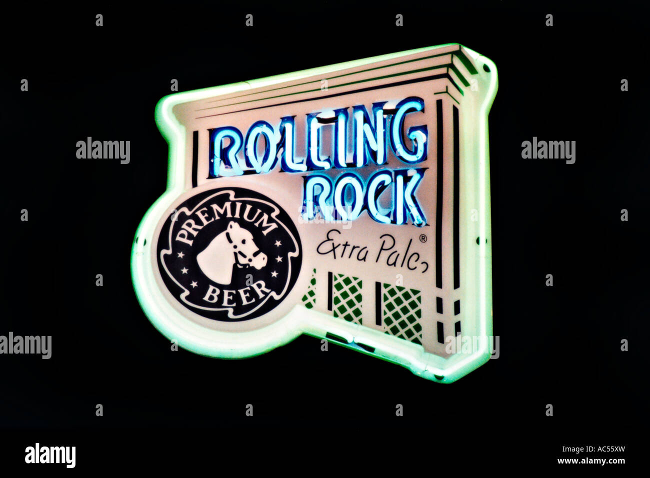 Neon Sign Rolling Rock Extra Pale Premium Beer Stock Photo