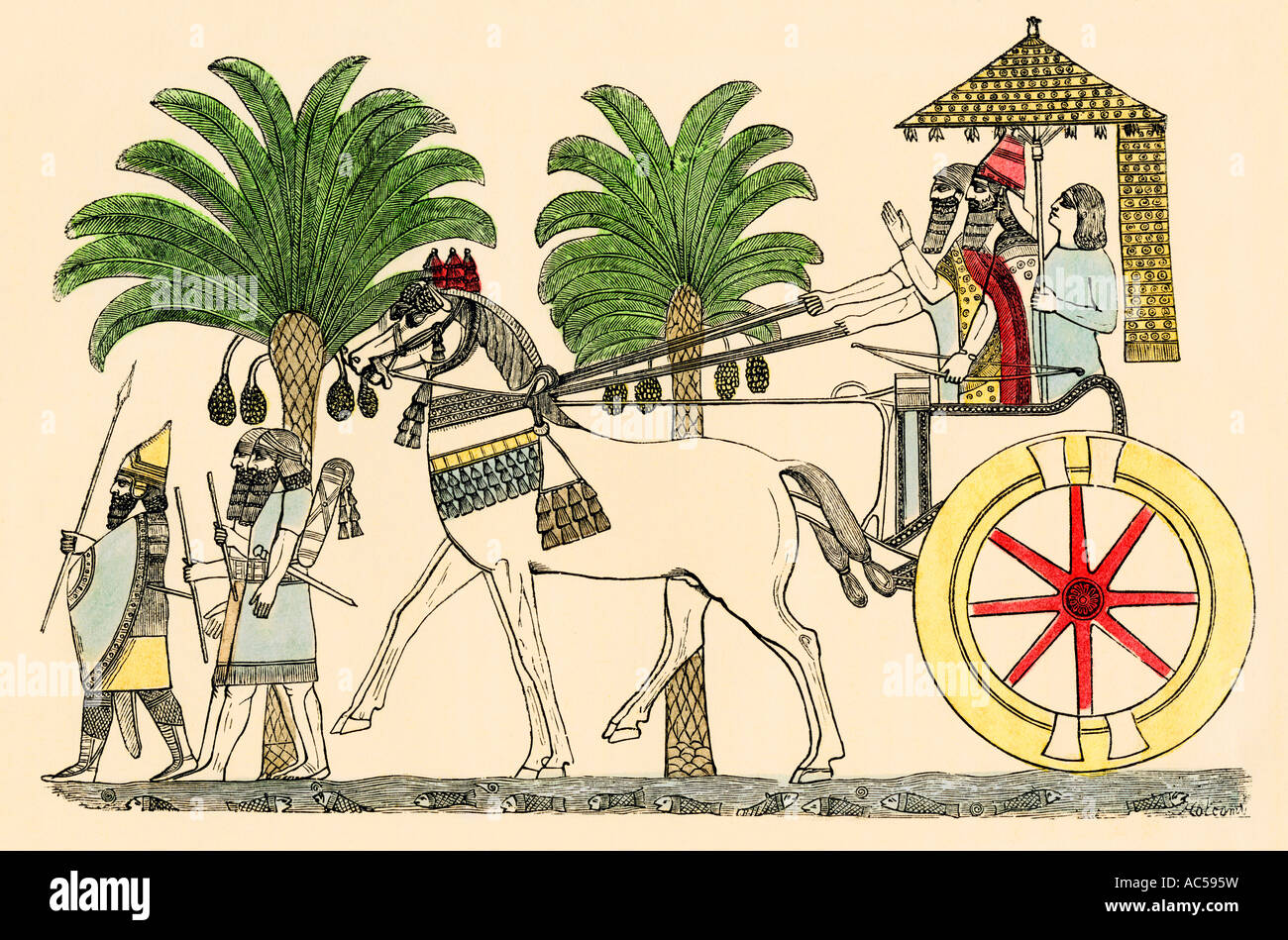 Assyrian monarch in a chariot returning from battle. Color lithograph Stock Photo