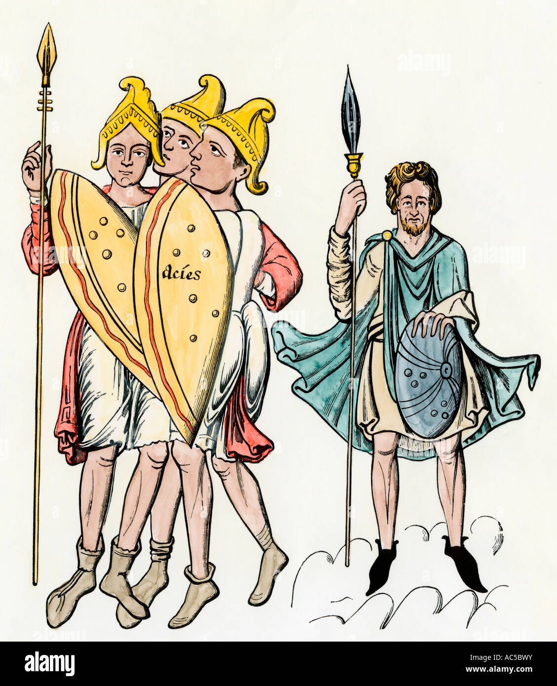 Roman soldiers left and a German soldier. Hand-colored woodcut Stock Photo