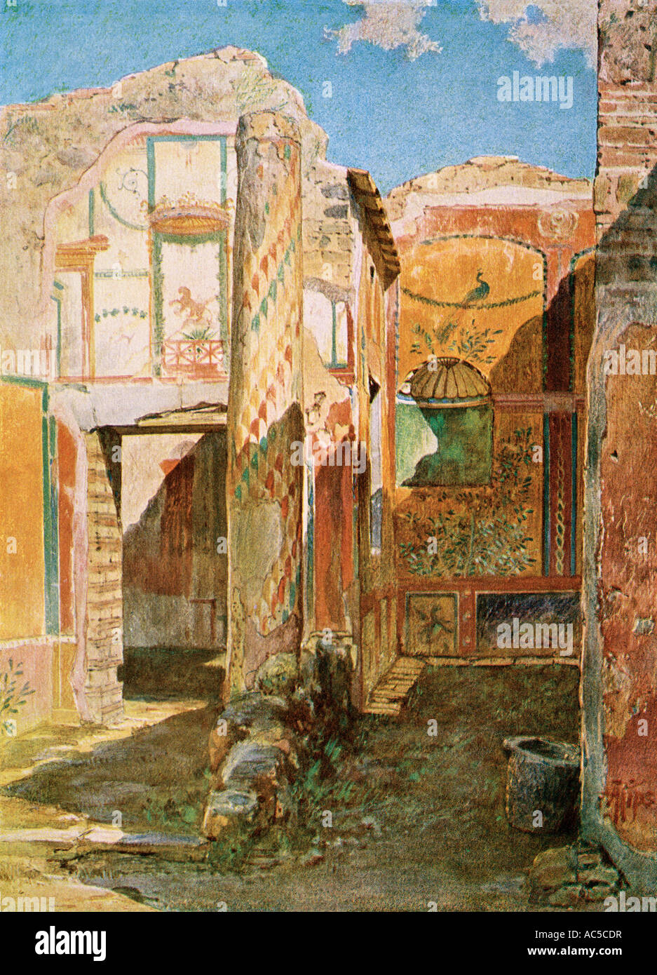 Remains of a home interior in Pompeii from the Roman Empire period buried in the eruption of Mount Vesuvius. Color lithograph Stock Photo