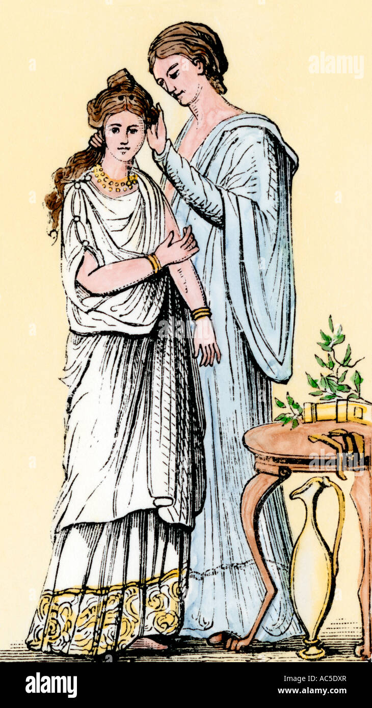Dressing a Roman bride. Hand-colored woodcut Stock Photo