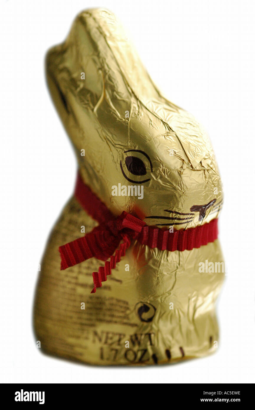 A close up of a chocolate easter bunny in foil wrapper Stock Photo