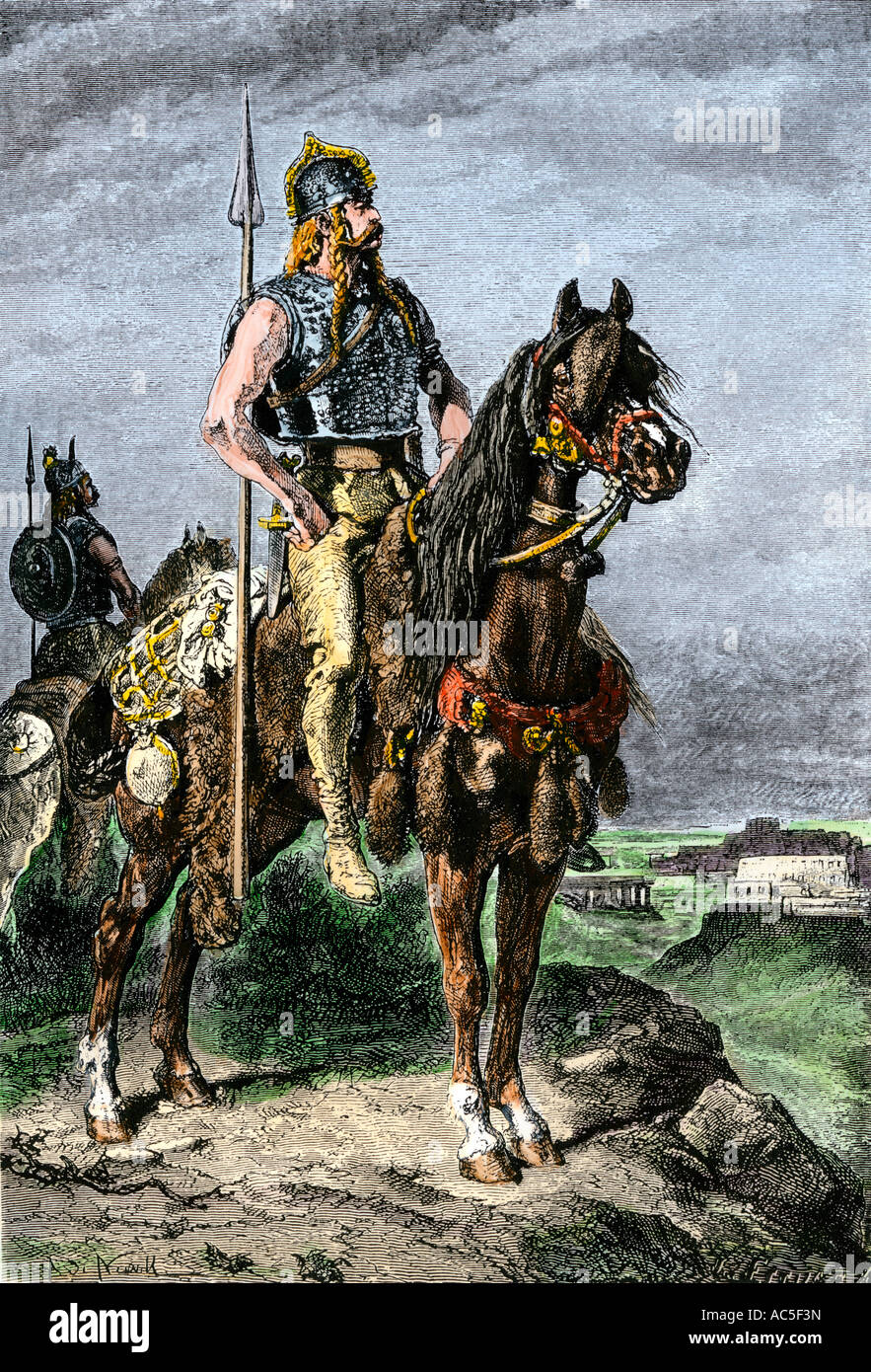 Gauls on horseback in the ancient Roman Empire. Hand-colored woodcut Stock Photo