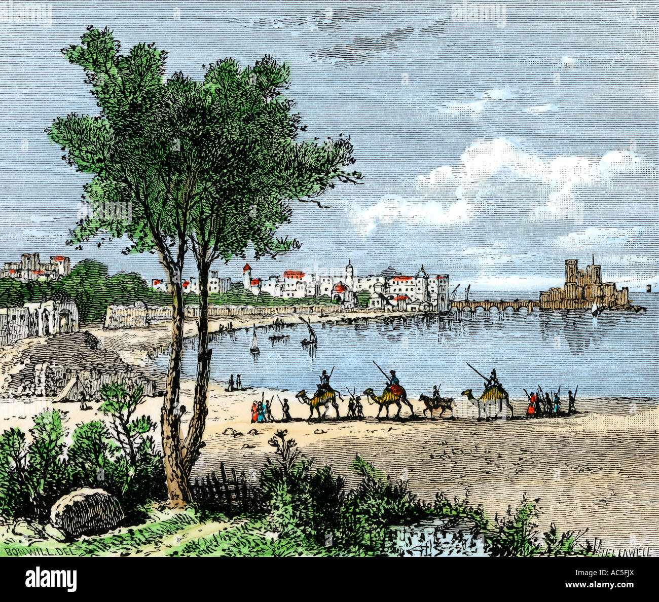 Caravan approaching Sidon a seaport of ancient Phoenicia. Hand-colored woodcut Stock Photo