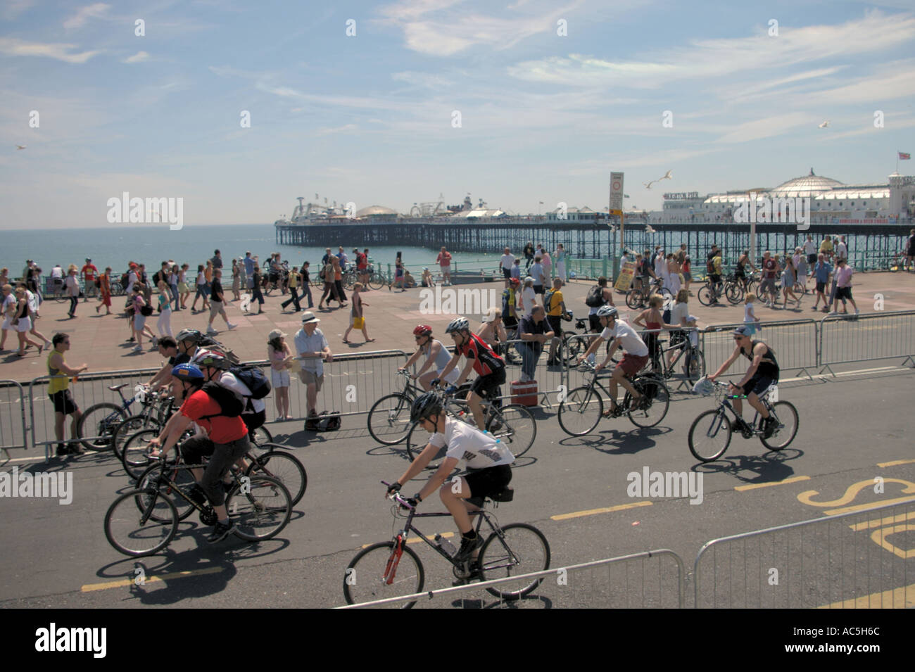 sponsored riders on Brighton promenade at finish of London to Brighton