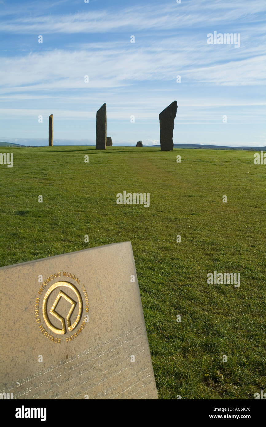 dh Stenness Standing Stones STENNESS ORKNEY World Heritage Site logo and Neolithic standing stones unesco Stock Photo