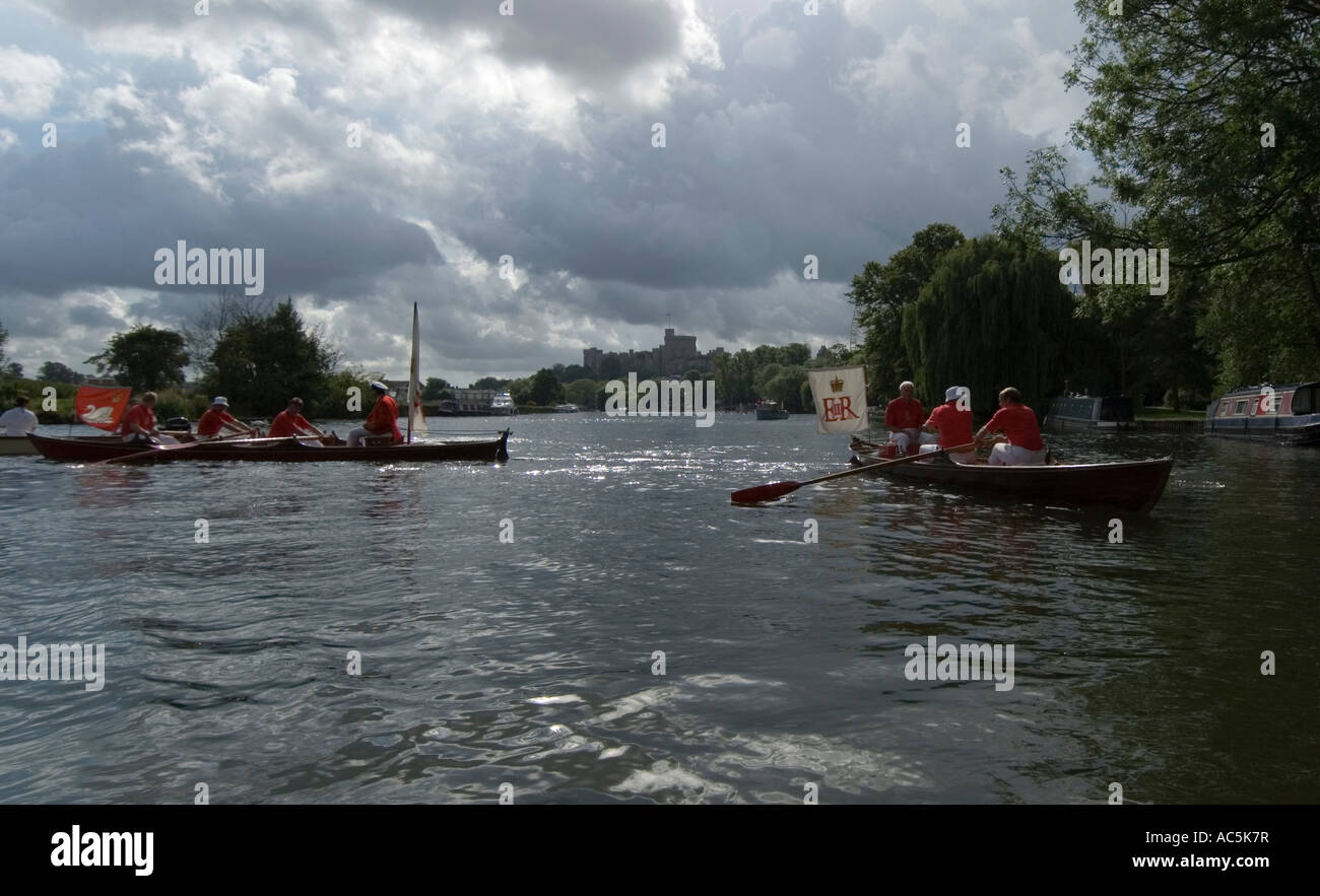 Traditional Thames rowing skiffs at Annual swan upping River Thames Windsor castle in the background Stock Photo