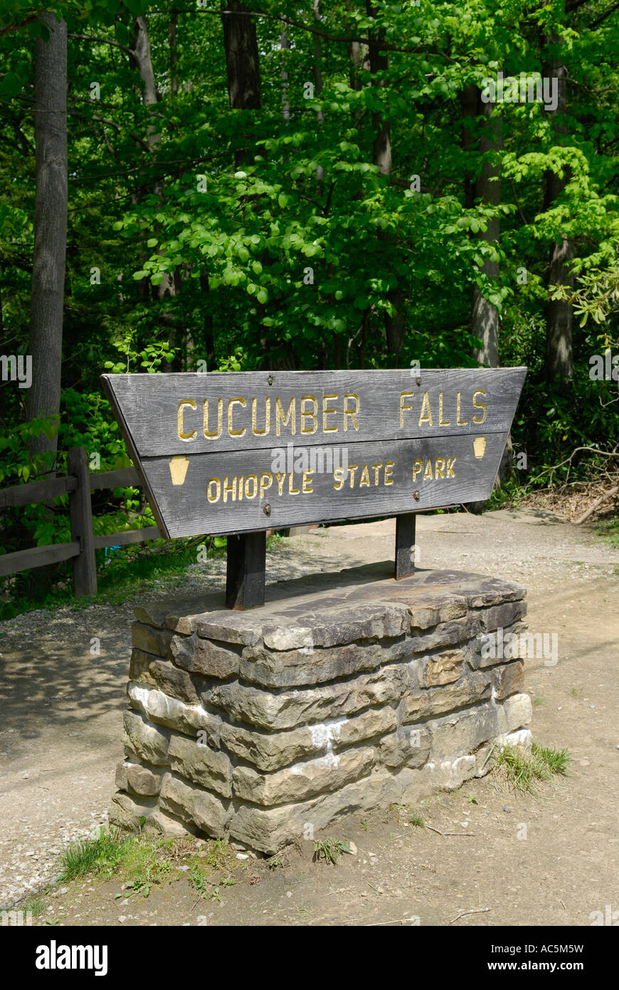 Cucumber Waterfalls sign in the Ohiopyle State Park Recreation area in Southern Pennsylvania PA Stock Photo