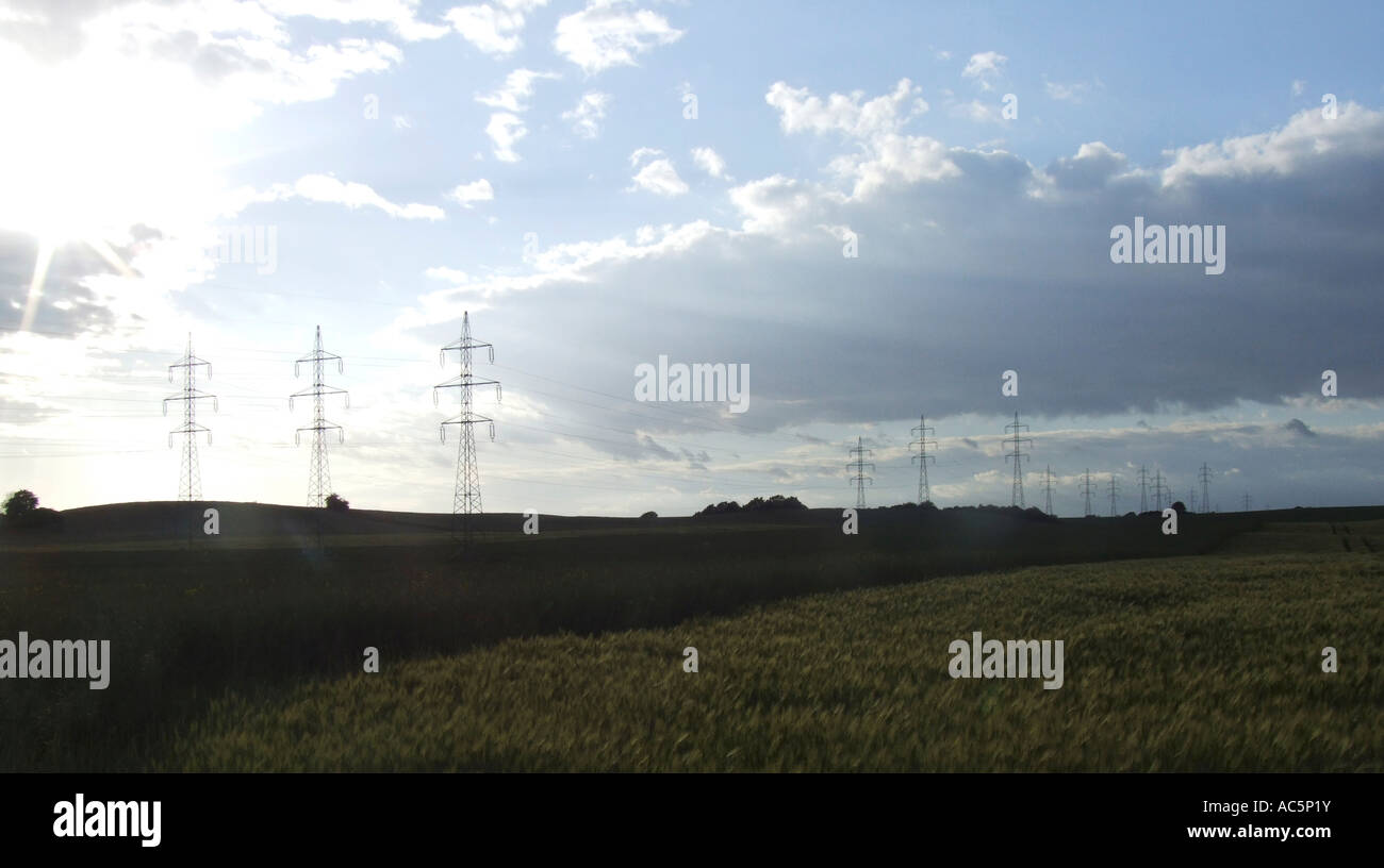 Electricity pylons in field Stock Photo