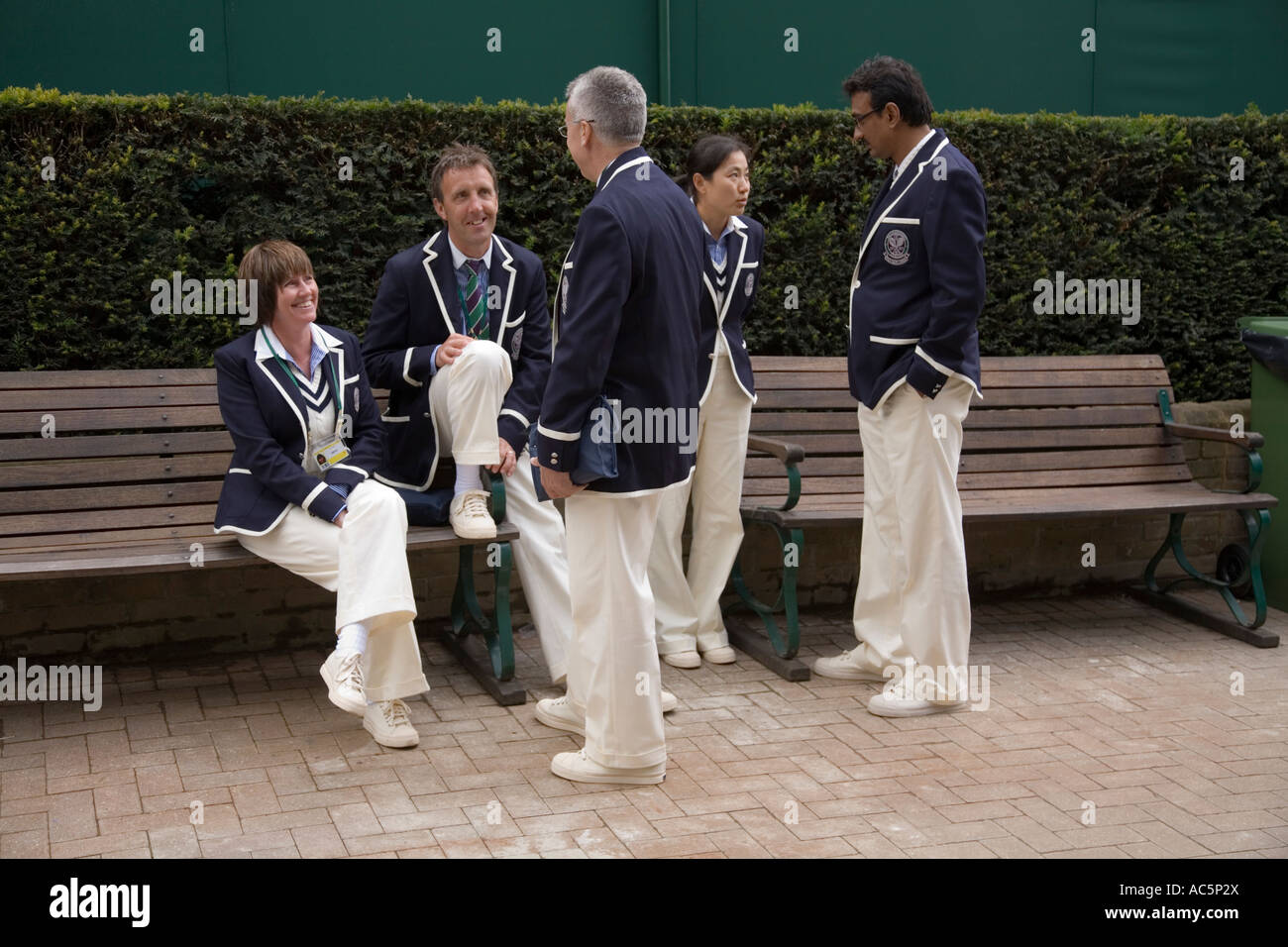 Court Officials of the Wimbledon tennis Championship relaxing UK Stock Photo