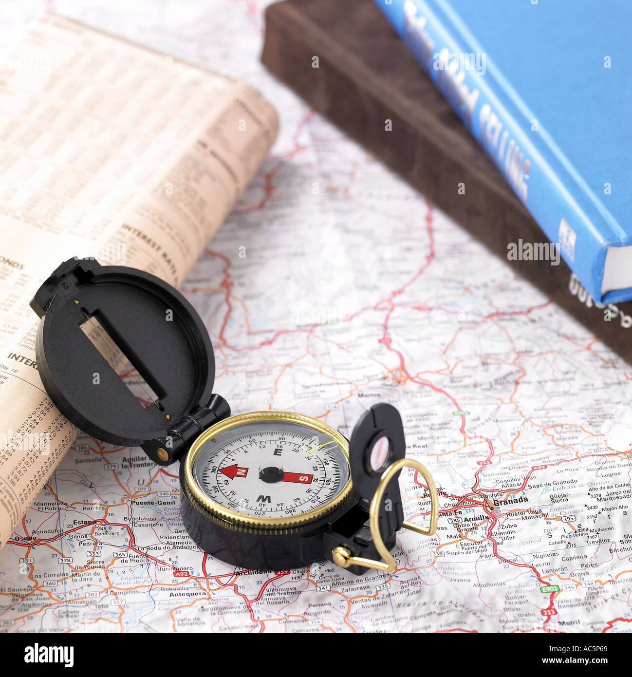 A compass on the map Stock Photo