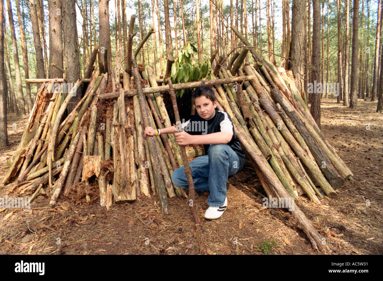 Young boy playing in his log camp in the woods. Stock Photo
