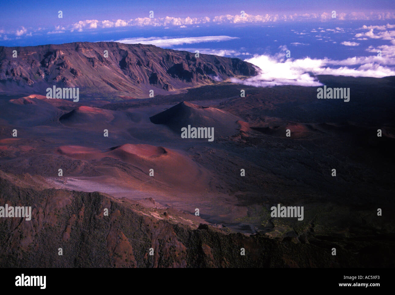 overview, aerial view, crater, Haleakala National Park, Haleakala, Maui, Hawaii, United States Stock Photo
