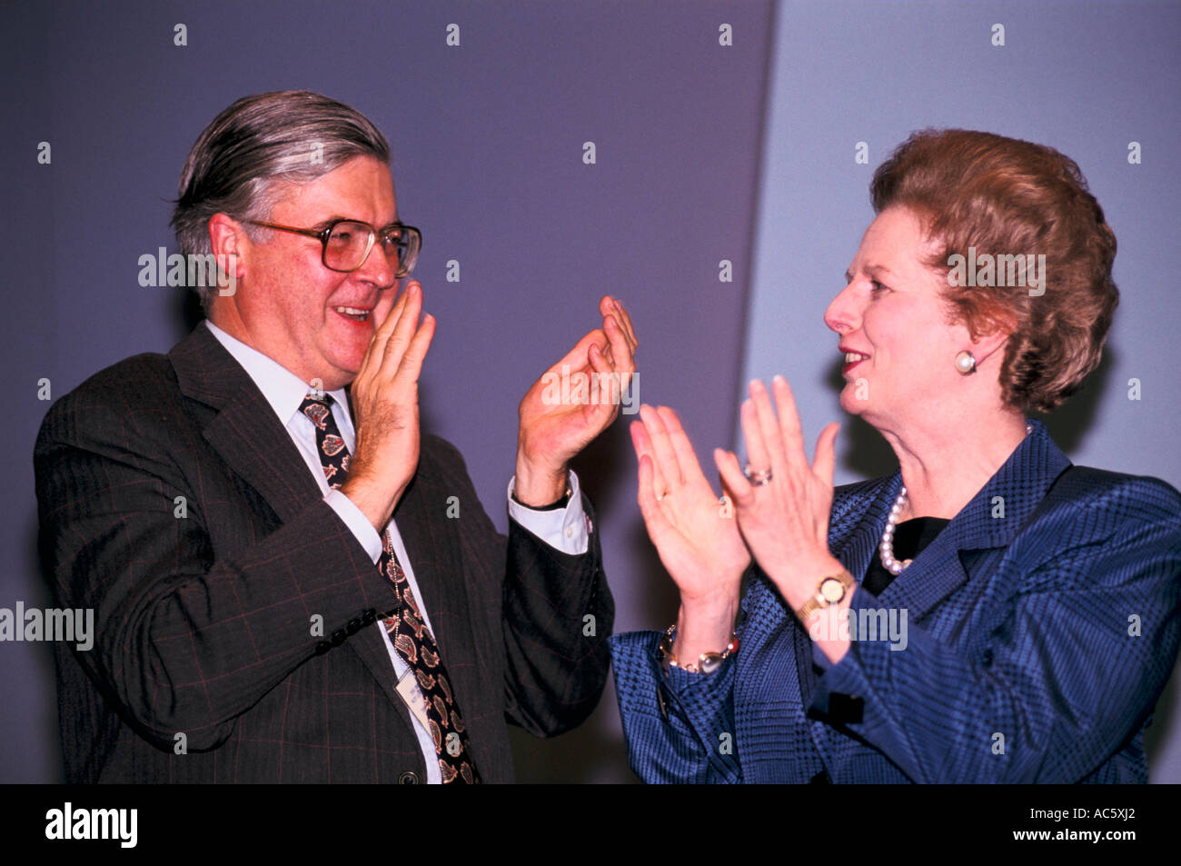 PRIME MINISTER MARGARET  THATCHER AND KENNETH BAKER  BOURNEMOUTH CONFERENCE 1990 Stock Photo