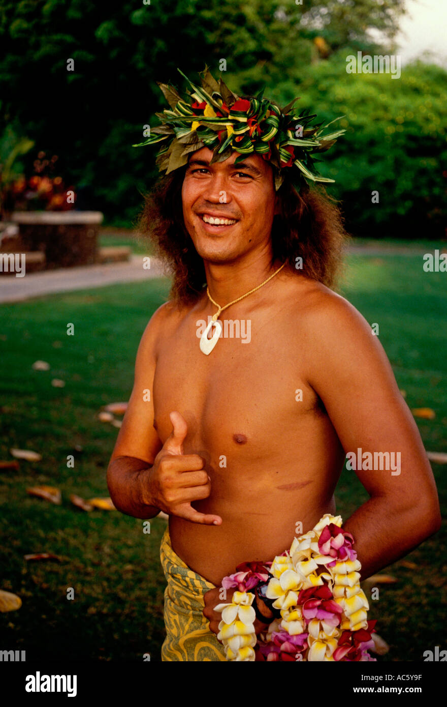 1, one, Hawaiian man, eye contact, front view, portrait, hang loose ...