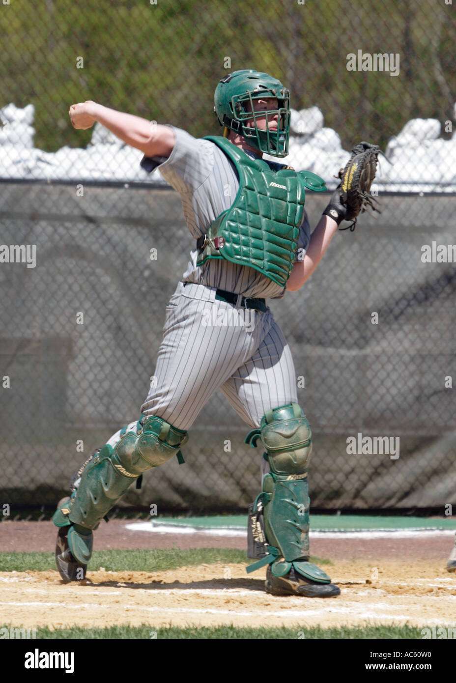 Catcher throwing ball in Highschool baseball, USA Stock Photo Alamy