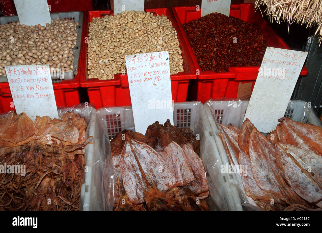 Dried seafood and nuts in Chinatown market Kuala Lumpur Malaysia Stock