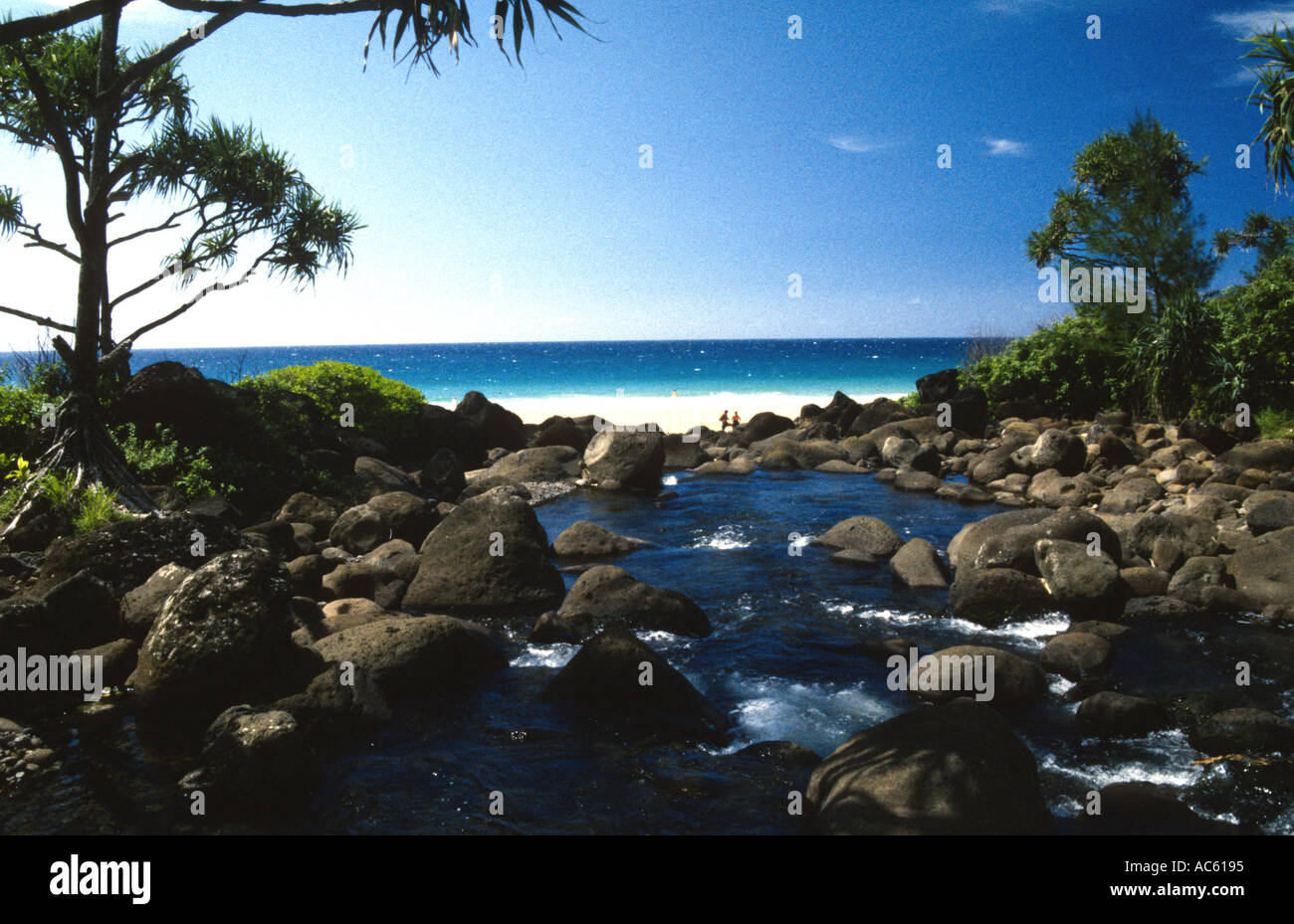 Hanakapiai stream flowing onto Hanakapiai Beach Kalalau Trail Kokee State Park Na Pali coast