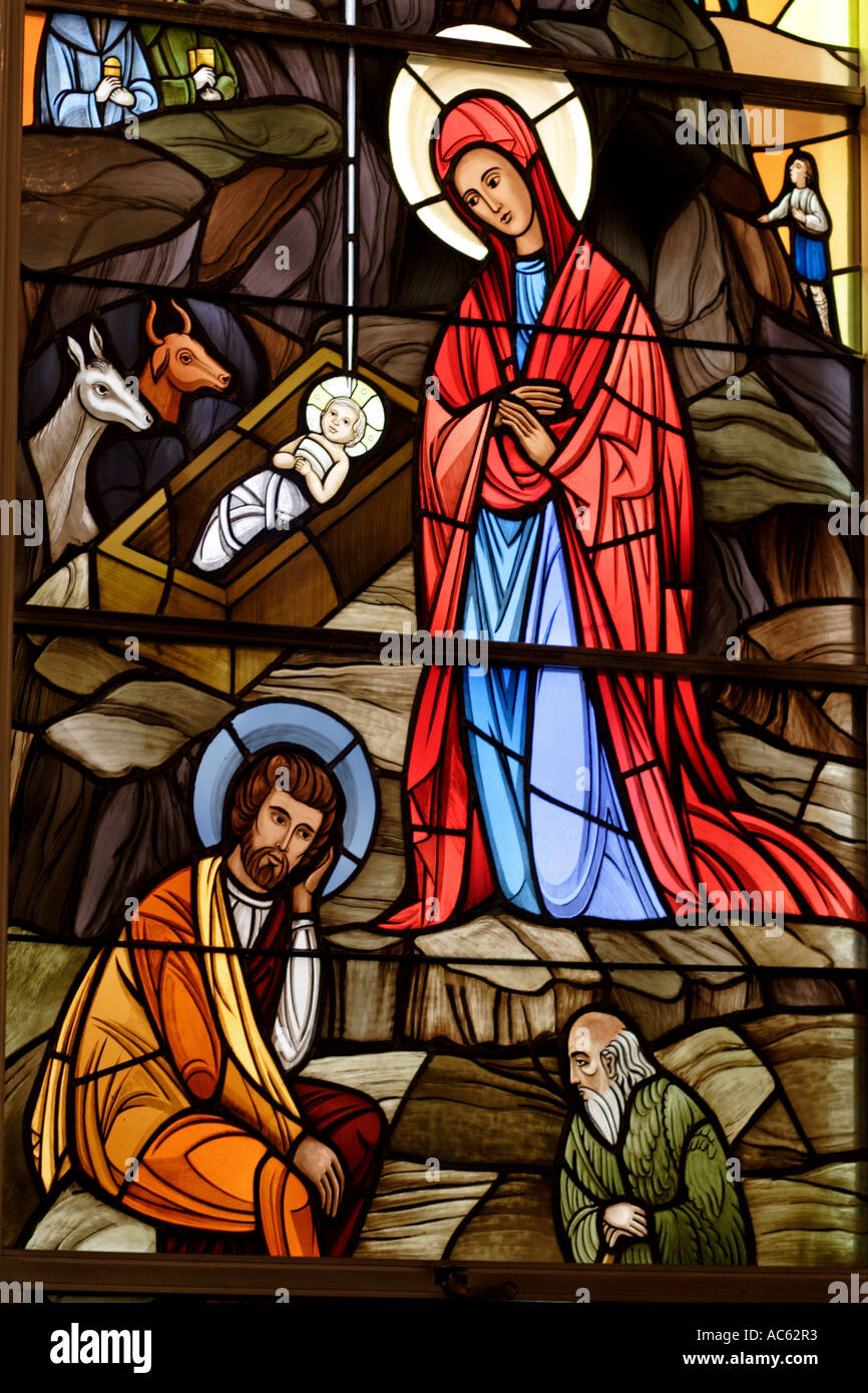 Stained glass window depicting Jesus Birth in Greek Orthodox Chuurch Stock Photo