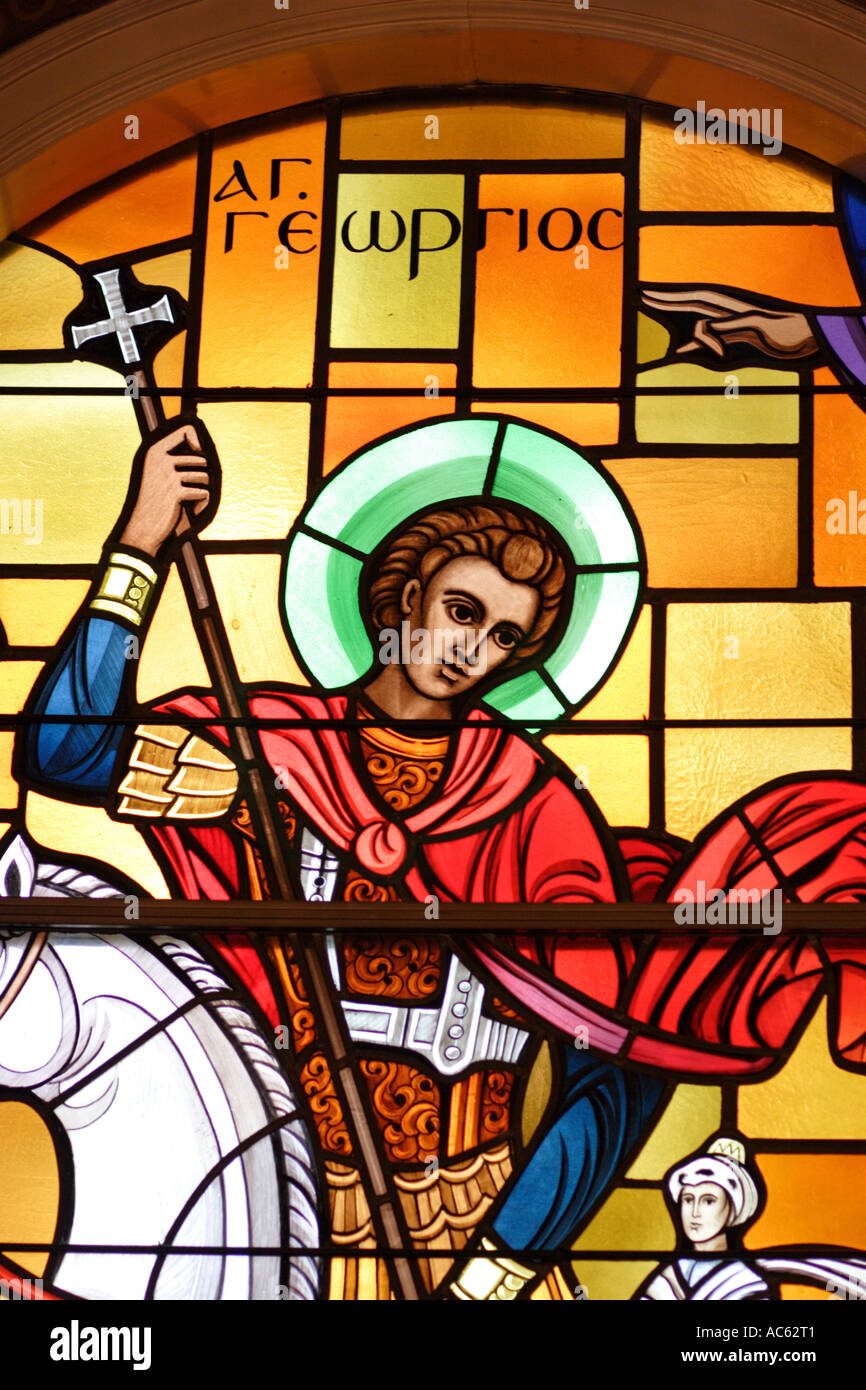 Depiction of Jesus in stained glass window in Greek Orthodox Church Stock Photo
