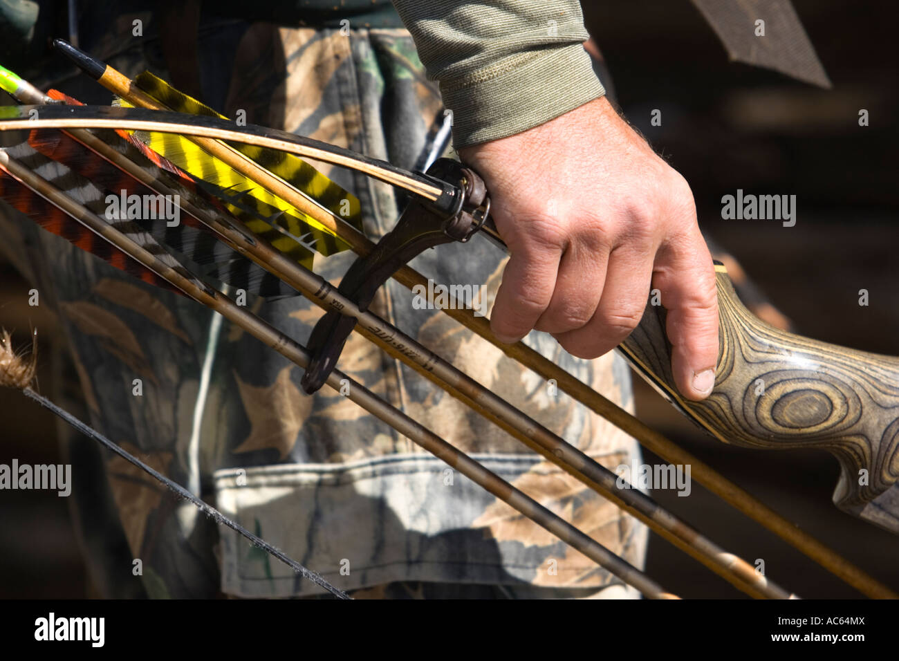 Detail of hand holding recurve hunting bow and arrow fletching Stock