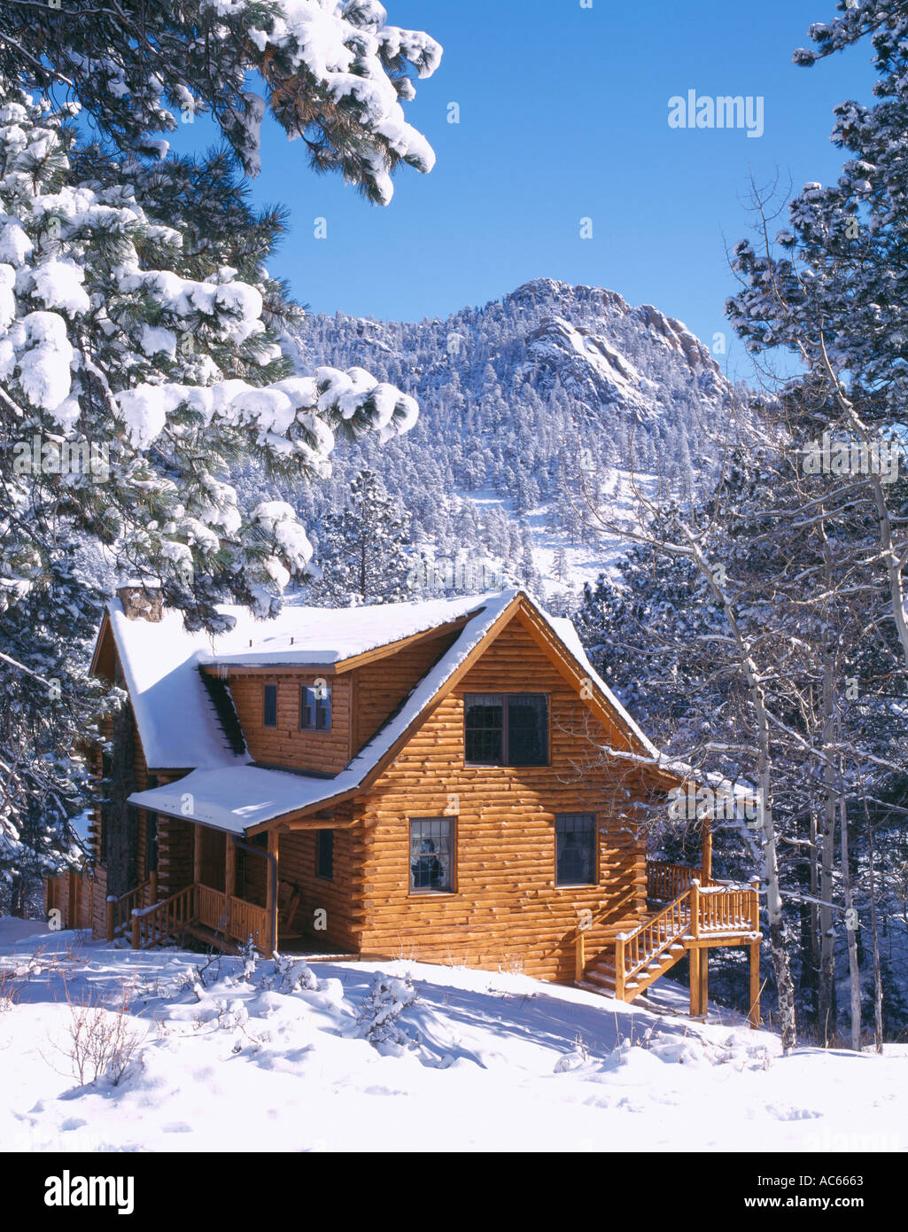 Rustic Log Cabin Home Covered In Snow Rocky Mtns Co Stock Photo