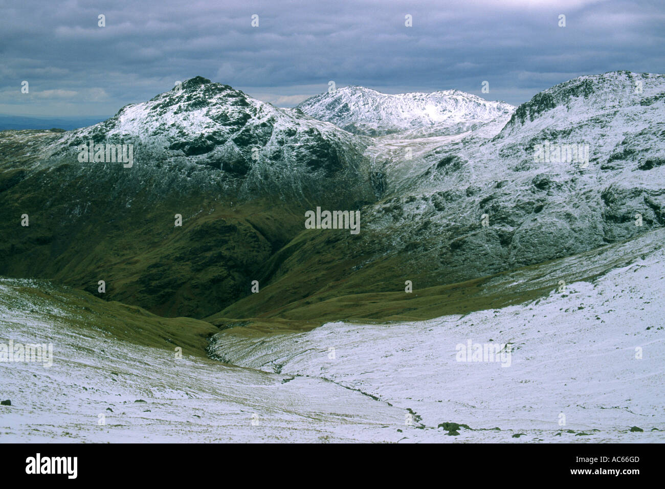 View towards Pike of Blisco at 705 meters above sea level with Wrynose Fell behind Stock Photo