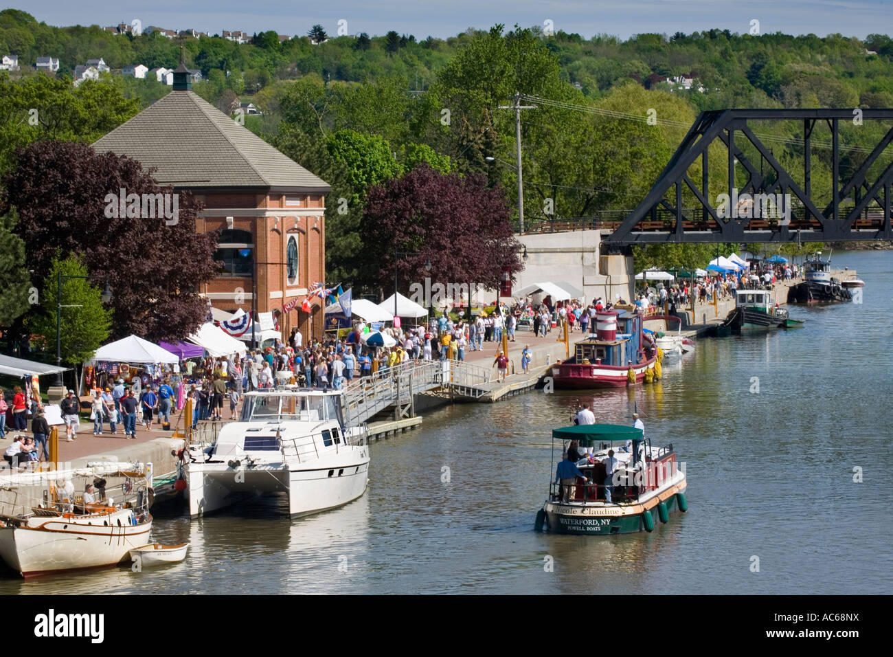 Crowds and boats at annual Canalfest in Waterford New York flight of
