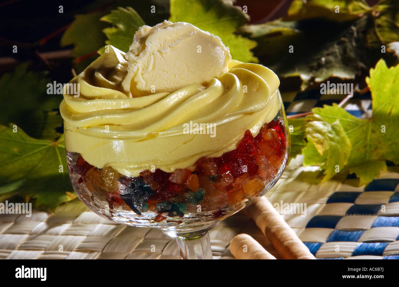 Glace fruit trifle with icecream Stock Photo Alamy