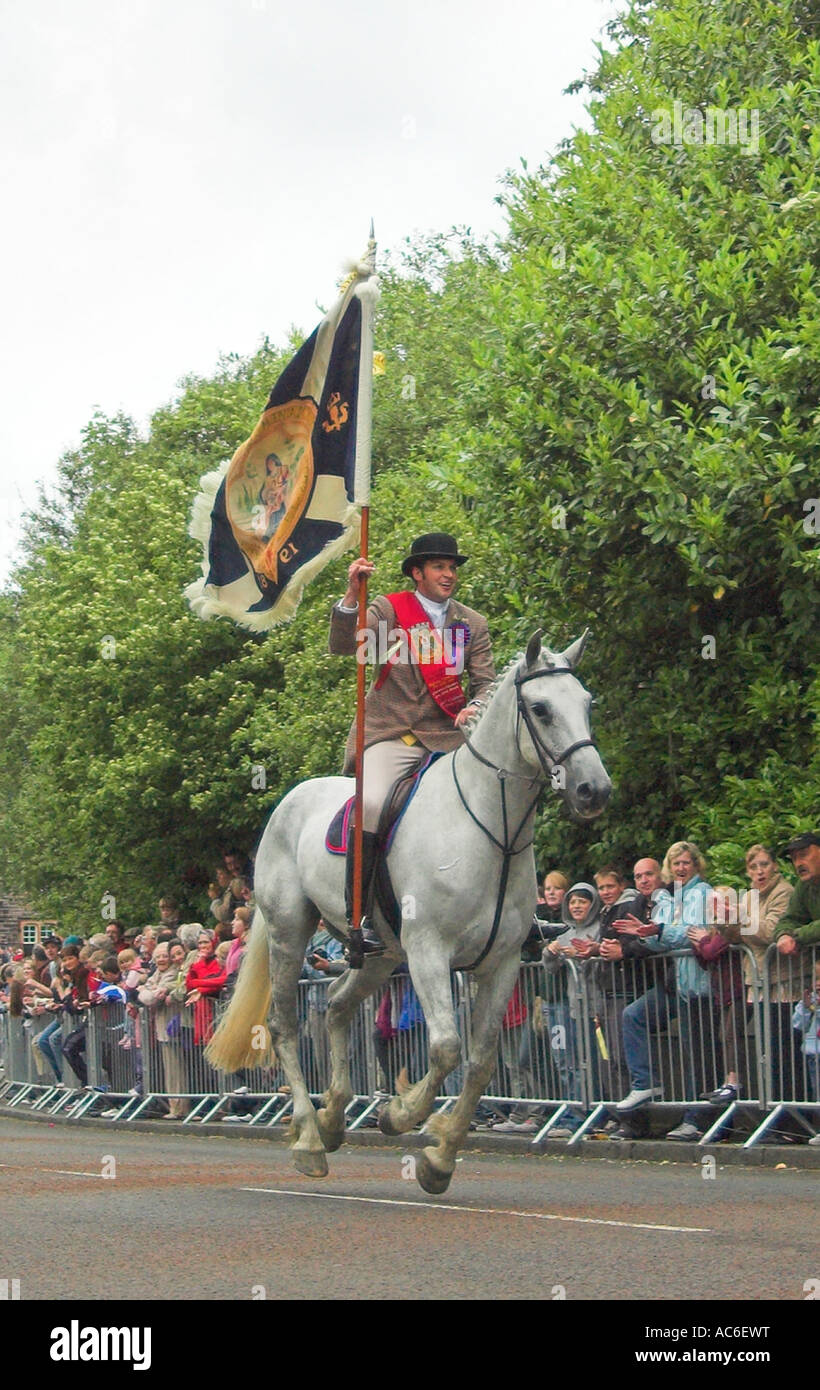Selkirk Common Riding Standard Bearer galloping in at the toll Stock
