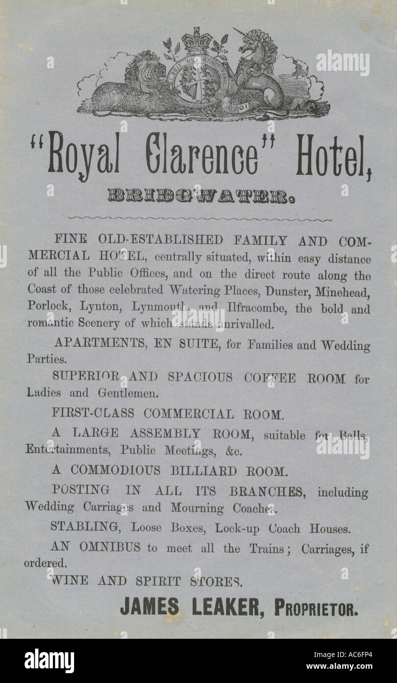 Handbill for Royal Clarence Hotel, Bridgwater, Somerset circa 1850 Stock Photo