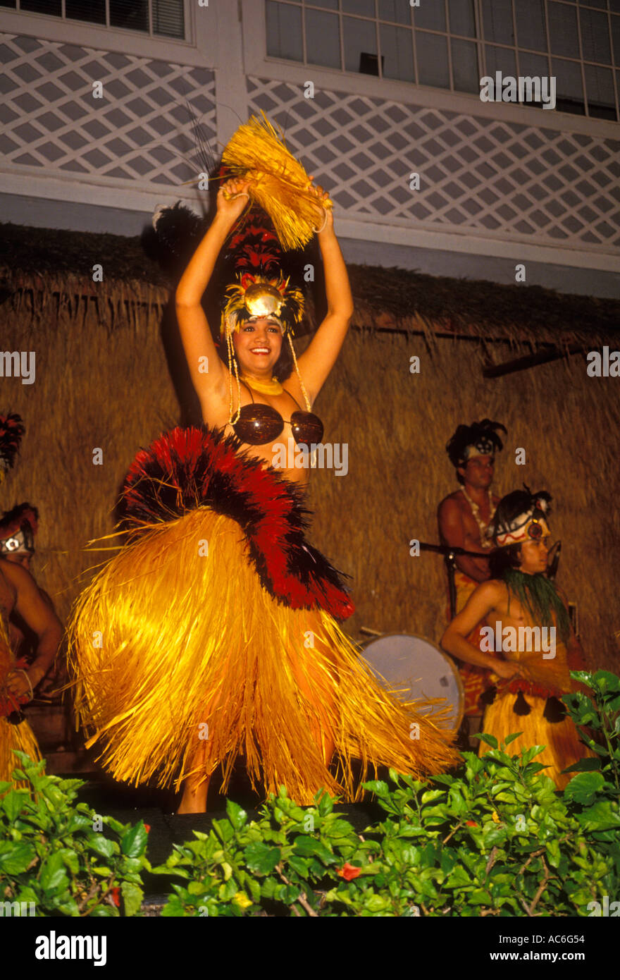 Hawaiian Woman in Grass Skirt and Coconut Bra Dancing Stock Image
