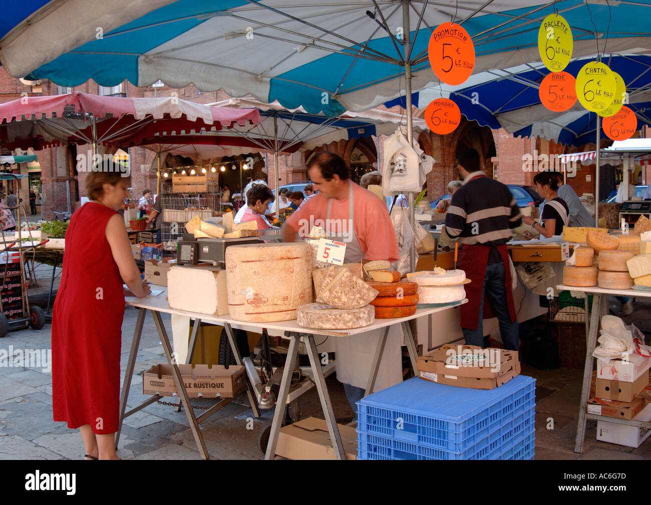 France Southwest Montauban Cheese vendor in the Saturday market Stock Photo