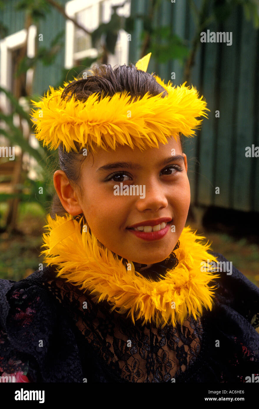 Hawaiian, Hawaiian girl, child, hula dancer, eye contact, front view, portrait, Aloha Week, Plantation Village, Waipahu, Oahu Island, Hawaii Stock Photo