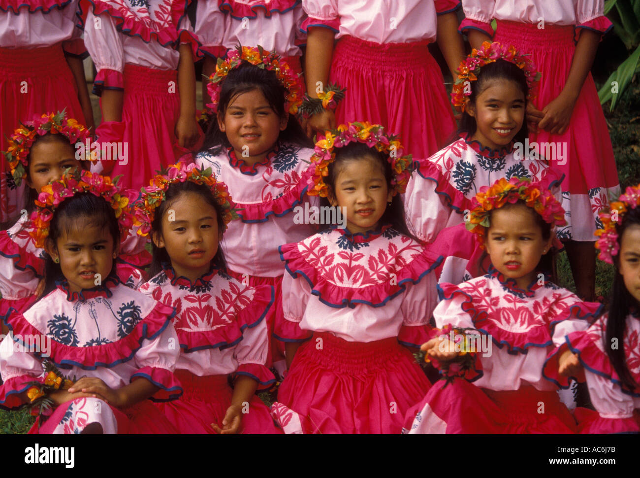 Hawaiians, Hawaiian girls, Hawaiian, girls, children, hula dancers, Aloha Week, Plantation Village, Waipahu, Oahu Island, Hawaii Stock Photo