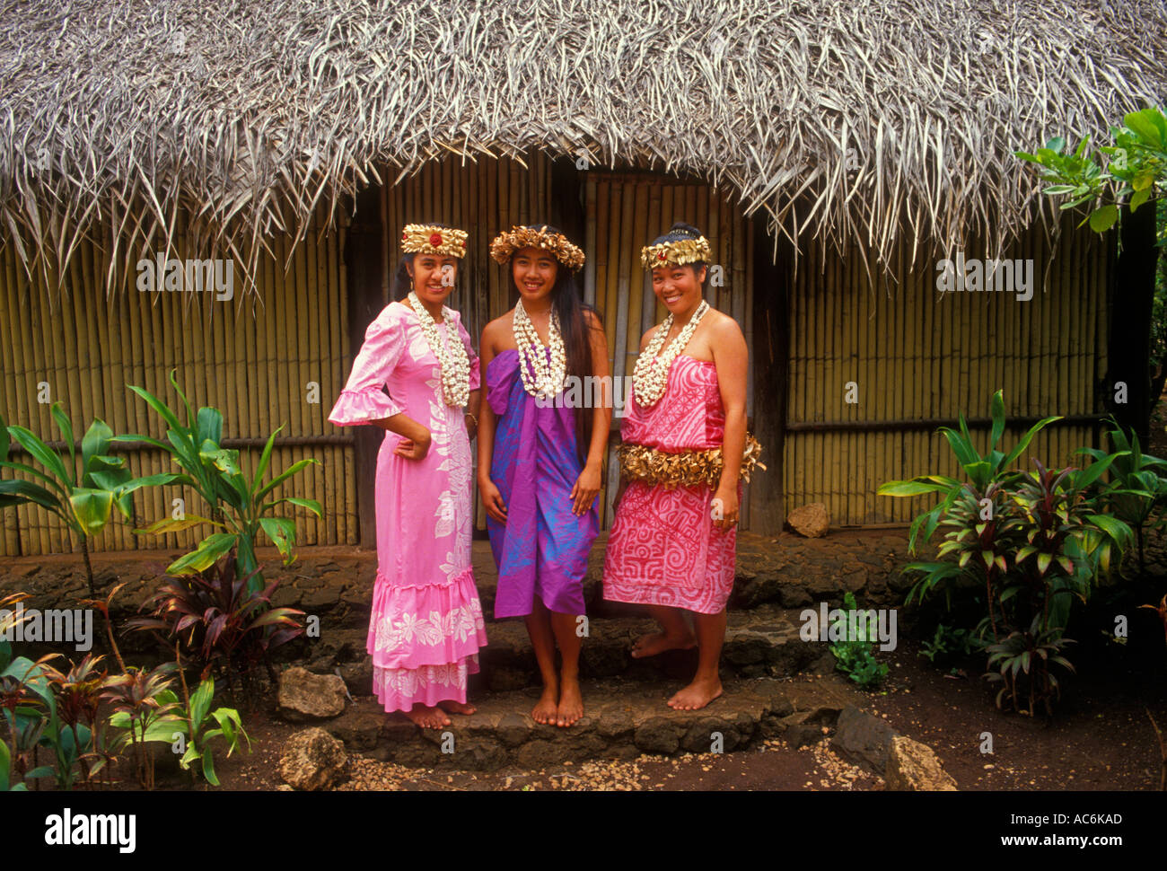 Tahitian women, Tahitian village, Polynesian Cultural Center, Laie, Oahu, Oahu Island, Hawaii, United States Stock Photo