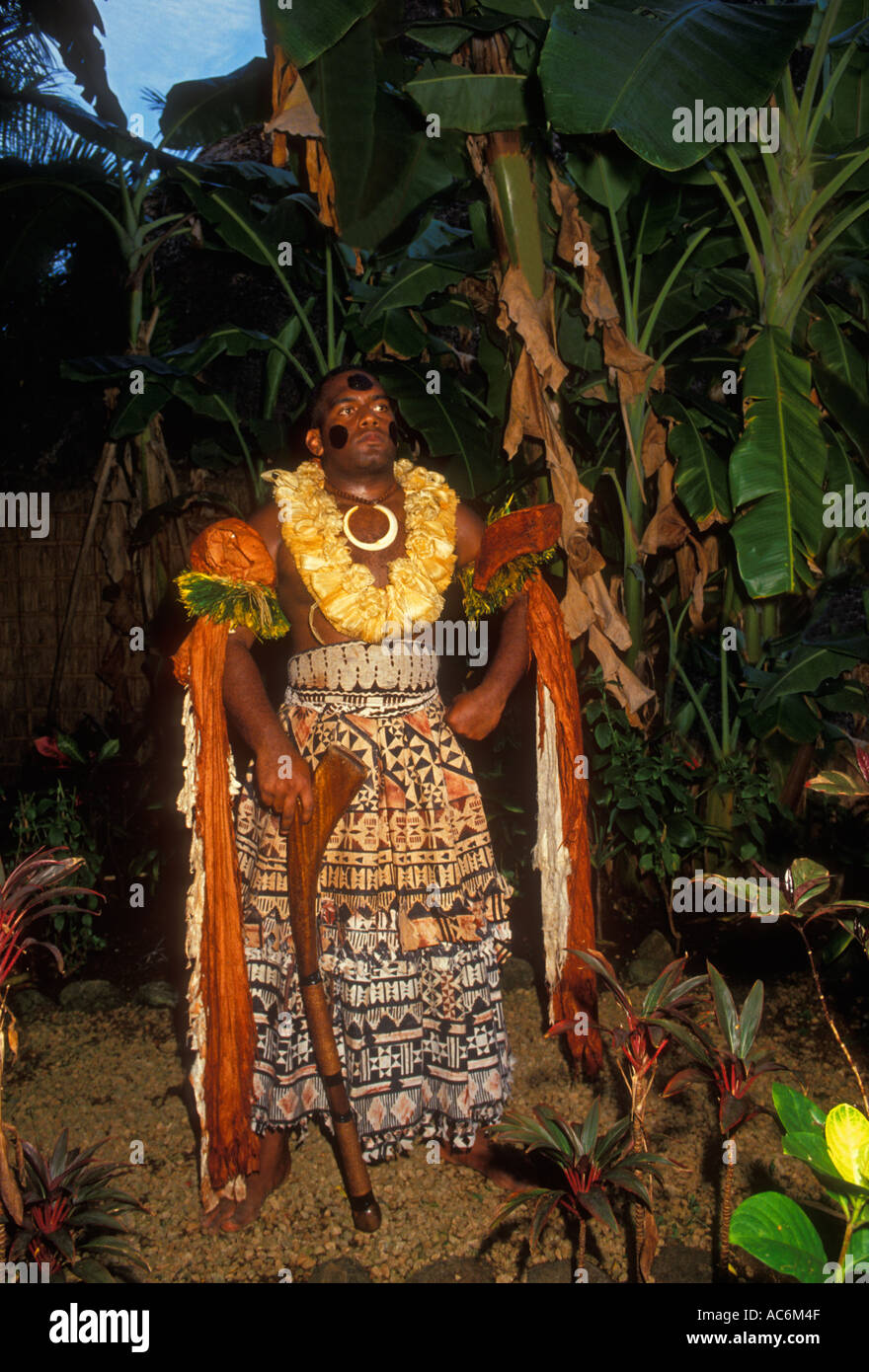Fijian man, student, guide, chieftain, Fiji village, Polynesian Cultural Center, Laie, Oahu Island, Hawaii, United States Stock Photo