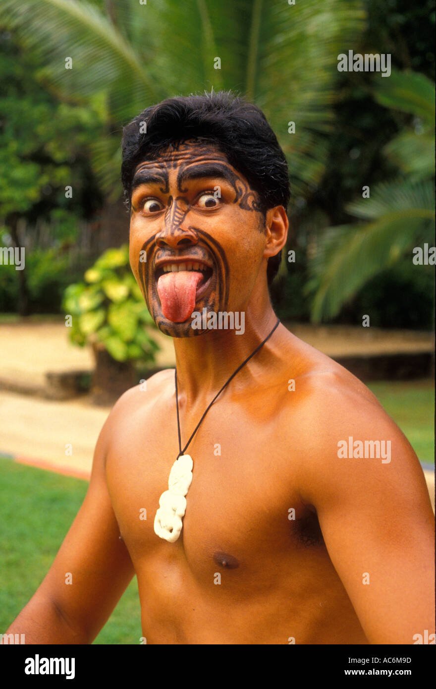 Maori man, student, guide, Maori village, Polynesian Cultural Center, Laie, Oahu Island, Hawaii, United States, MR Stock Photo