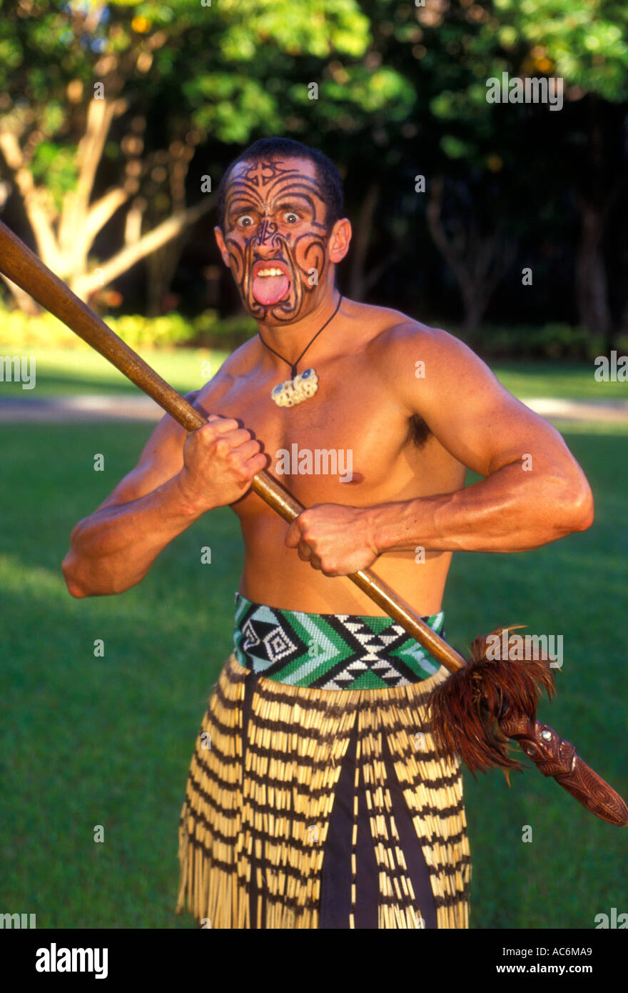 Maori man, student, guide, Maori village, Polynesian Cultural Center, Laie, Oahu Island, Hawaii, United States, MR Stock Photo