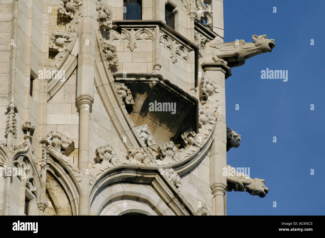 Gargoyles decorating the spire of the Roman Catholic Matthias or Matyas church built in the florid late Gothic style in Buda castle district Budapest Stock Photo